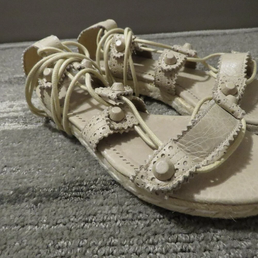 BALENCIAGA PARIS Arena Leather Gladiator Ankle Wrap Espadrilles in Praline Sz 6 - Picture 9 of 15